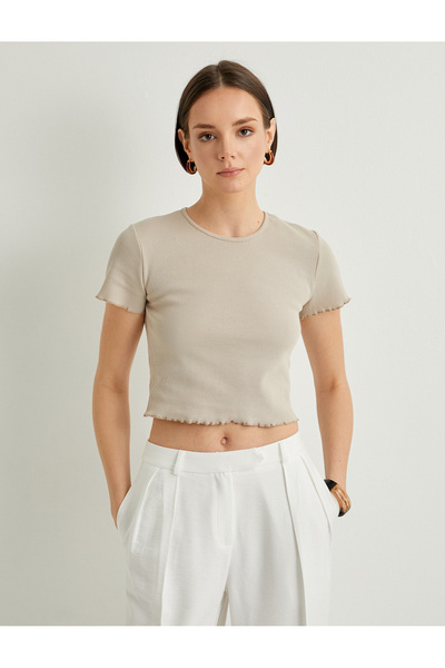 Koton Crop T-shirt με κοντό μανίκι με ραβδώσεις, βαμβακερή λαιμόκοψη