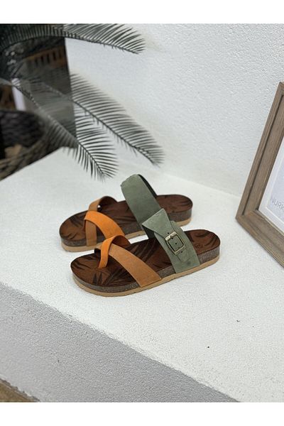 NUR KARACA 24Y-175-01 GENUINE LEATHER ORTHOPEDIC SLIPPERS WITH FINGER BUCKLE
