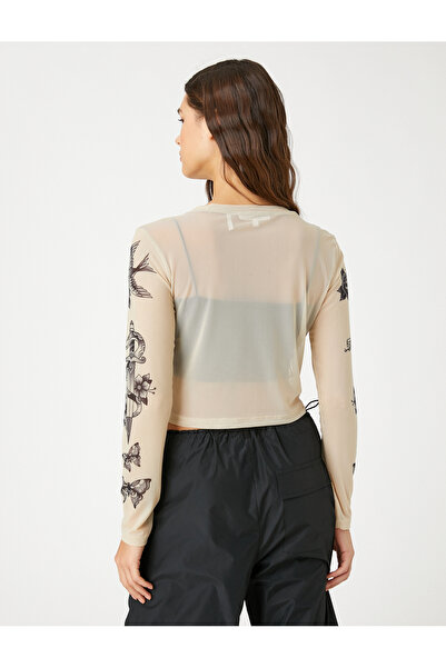 Koton Μακρυμάνικο T-Shirt Crop Tulle Printed Crew Lack