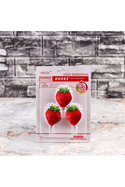 NİLÜFER HOME 3 Adet Pratik Yapışkanlı Duvar Askısı Çilek Desenli