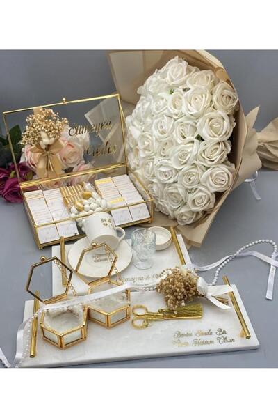 gifthomeshop İsteme Çiçeği, Çikolatası ve Söz-Damat Kahve Tepsisi 4'lü Set - ...