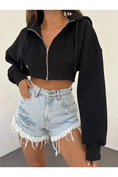 BlackList Cardigan crop cu fermoar, 3 fire, cu glugă, 100% bumbac