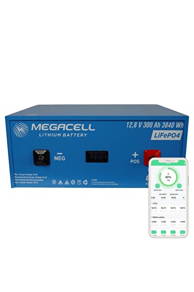 Megacell -LiFePO4 Metal Kasa Bluetooth 12,8V 300Ah Lityum Demir Fosfat Akü