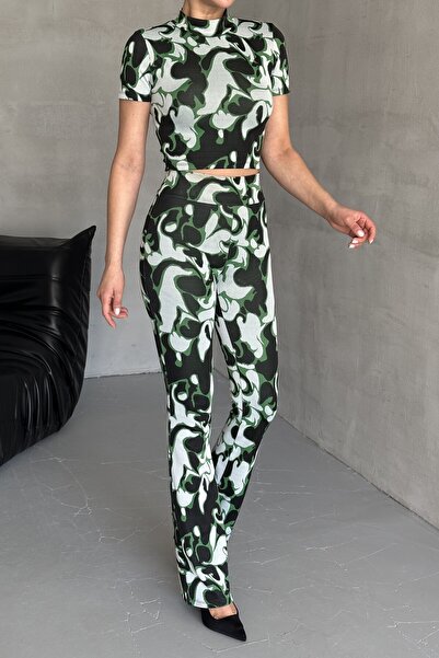 MODAGEN Women's Half Turtleneck Short Sleeve Print Bottom-Top Trousers Set