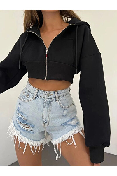 CLB COLLECTION Gray Hooded Crop Cardigan - 3 Thread Thick Fabric 100% Cotton