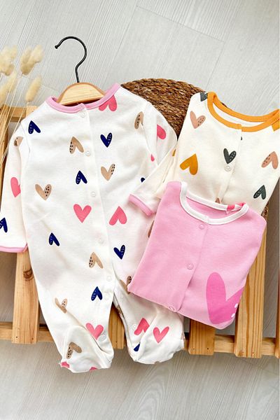 Bamoola 100% Cotton Colorful Heart Patterned 3-Piece Jumpsuit with Booties (Girl - Boy - Newborn)