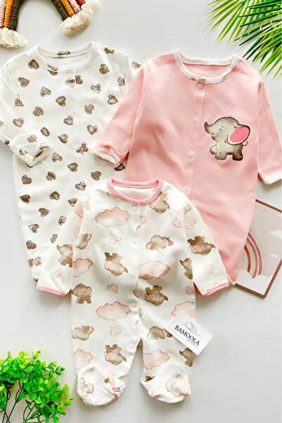 Bamoola Pamuklu Pembe Fil Desenli 3'lü Patikli Tulum (KIZ - ERKEK - YENİDOĞAN)