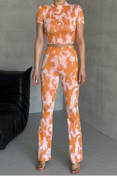 MODAGEN Women's Half Turtleneck Short Sleeve Print Bottom-Top Trousers Set