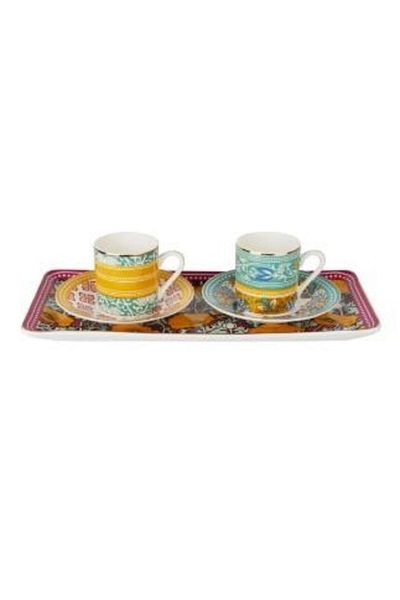 Lucky Art Eliana Bone Porcelain Mixed Patterned Coffee Cup Set with 2 Trays Lyhd 580