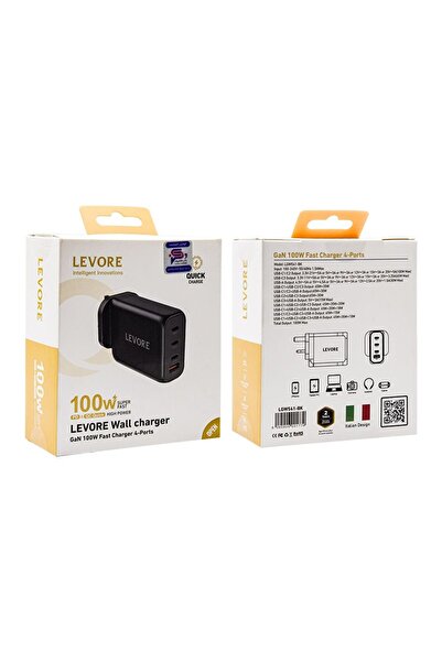 Levore شاحن حائط فائق السرعة مع 3 منافذ USB-C من GaN ومنفذ USB بقوة 100 وات -...