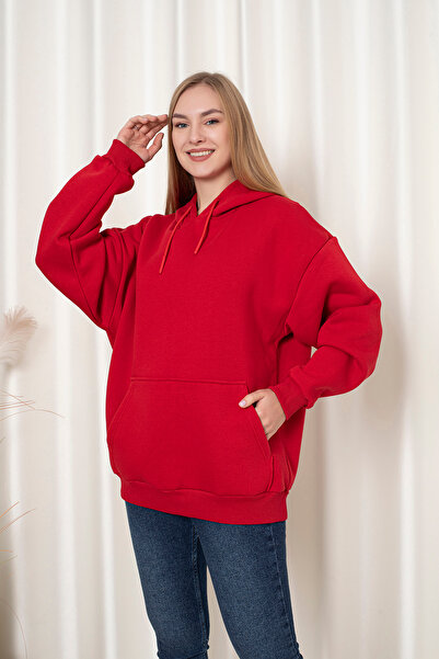 TEVOOY UNISEX OVERSİZE KAPŞONLU KANGURU  CEPLİ 3İPLİK ŞARDONLU ÖRME KUMAŞ SWEATSHİRT HOODİE KIRMIZI