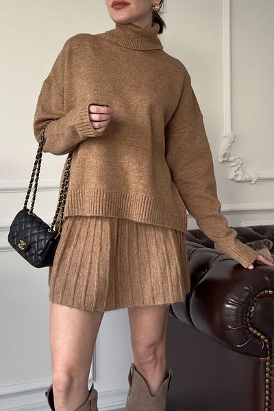 MAGARDE Camel Turtleneck Skirt Knitwear Set