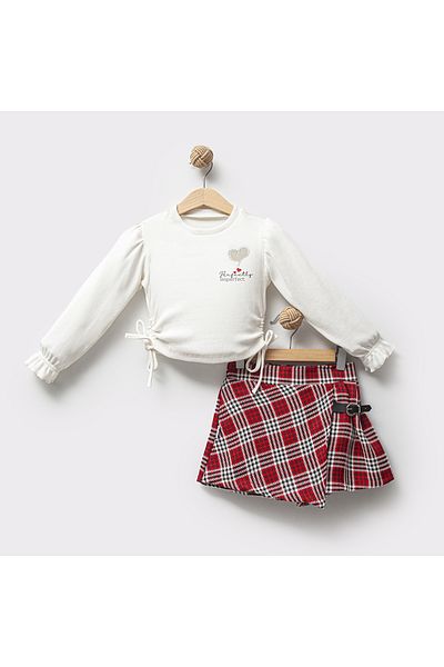 NoraKids 5-8 Years Old Girl's 2-Piece Top and Bottom Set with Plaid Skirts and Hearts