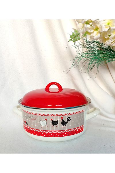 EBRULİEMAYE Chicken Enamel Oblate Pot 4 Liters 24 cm Diameter Milk Yogurt Soup Stuffing Pot