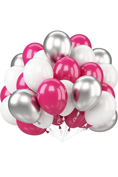 Home Zone 60PCS 12Inch Hot Pink White Balloon with Metallic Silver Latex Balloon
