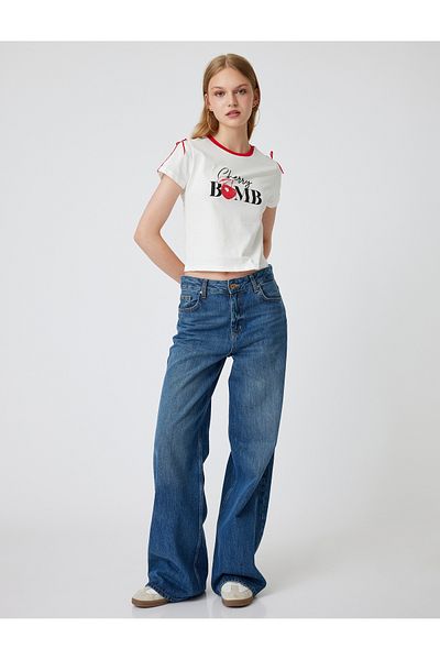 Koton Cherry Printed Bow T-Shirt - Crew Neck, Short Sleeve, Piping