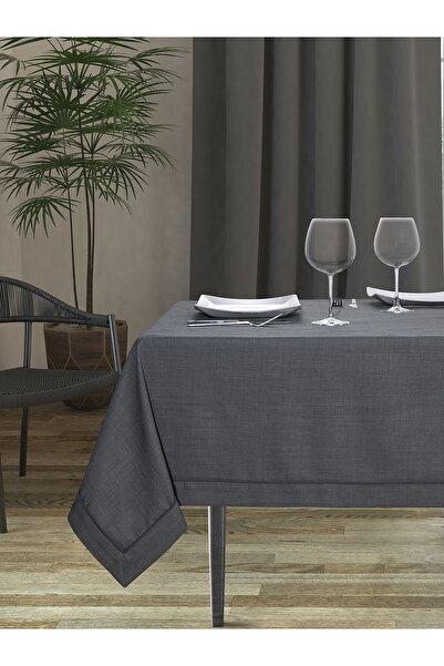 Butikhome Luna Modern Anthracite Gray Tablecloth with Linen Piping