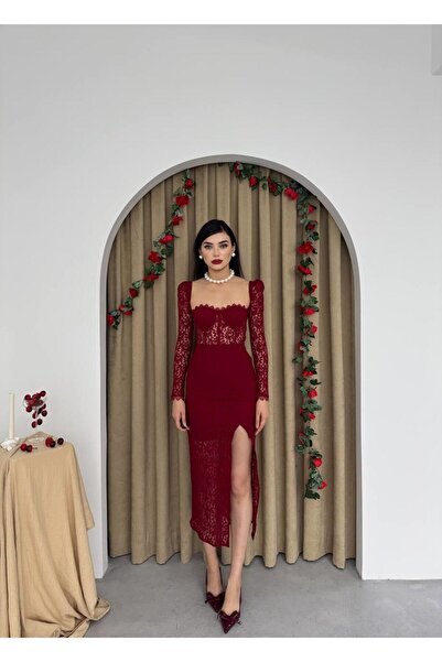conconmoda İris Midi Gloplu Yırtmaçlı Dantel Elbise