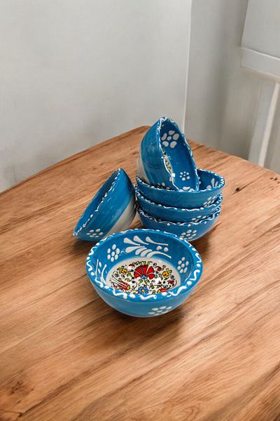 Salizera 8cm Kutahya Pattern Ceramic Tile Set - 6 Pieces Sauce Bowl and Jam Bowl