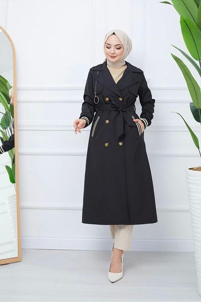 Nevayla Moda Bondit Fabric Ribbed Long Trench Coat / Μαύρο - M0110