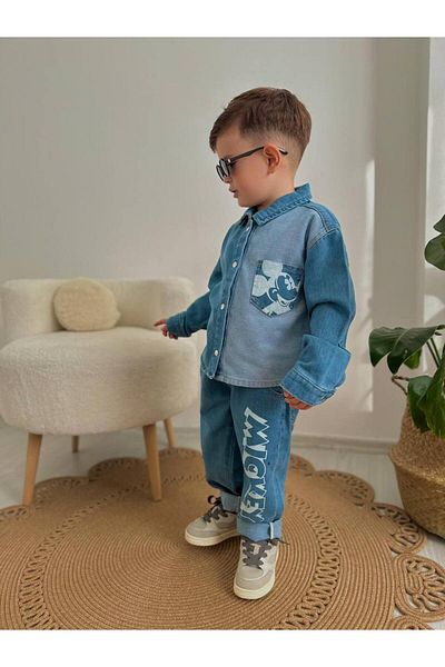 Karan Kids Boy's Printed Denim Shirt and Pantalon Set of 2
