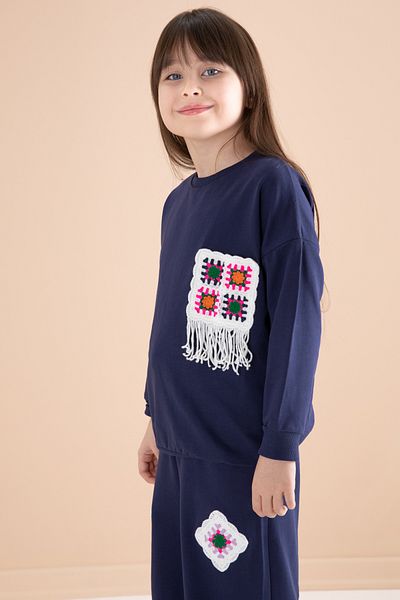 Cansın Mini Set de trening pentru fete, albastru bleumarin, cu buzunar din dantela, cu decolteu, 20147