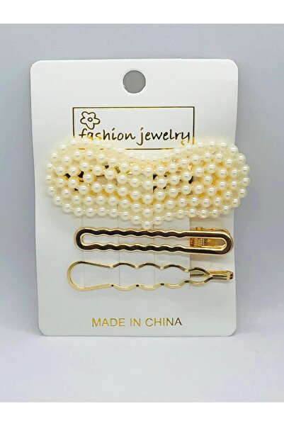 İnDerin Set de 3 agrafe de păr cu perle de culoare aurie - Accesoriu cu închi...