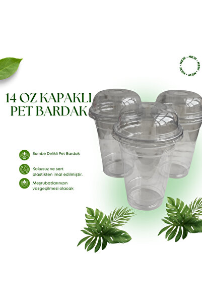 maycup 14 Oz Kapaklı Sert Plastik Bardak 500 Adet Bardak+Kapak ŞEFFAF PET BARDAK