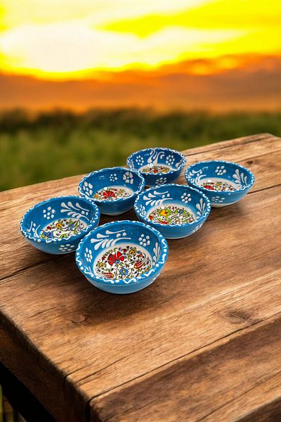 Salizera 8cm Kutahya Pattern Ceramic Tile Set - 6 Pieces Sauce Bowl and Jam Bowl