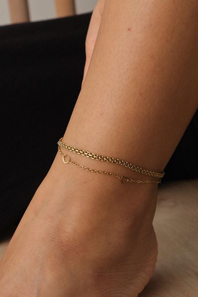 ESBAFLOR 22+4cm Knitted and Heart Chain Anklet Anti-Tarnish Steel 2-Piece Combination