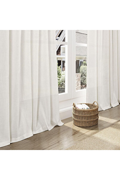 Deko Dekor Κουρτίνα από 100% βαμβακερό λινό & κορδόνι κουρτίνας & κουμπί κορνίζας Απλό ανοιχτόχρωμο κρεμ χρώμα Φυσικό υφαντό Buldan