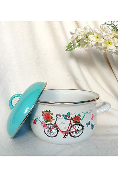 EBRULİEMAYE Bicycle Enamel Pot 3750 ml 22 cm Diameter Milk Soup Yogurt Pot