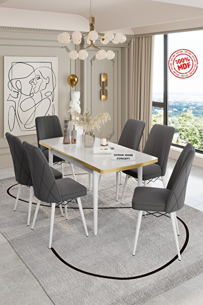 UZMHOME AÇILABİLİR MDF MASA TAKIMI 6 KİŞİLİK BABY FACE KUMAŞLI SANDALYELİ