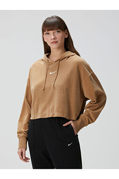 Nike Sportswear Kadın Kahverengi Kadife Crop Kapüşonlu Sweatshirt