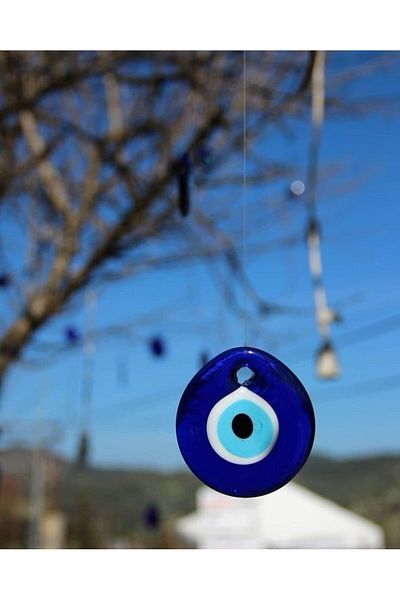 312 KONSEPT 3 Pieces 5 Cm Decorative Perforated Glass Evil Eye Bead and Jute Rope Tree Ornament Keychain