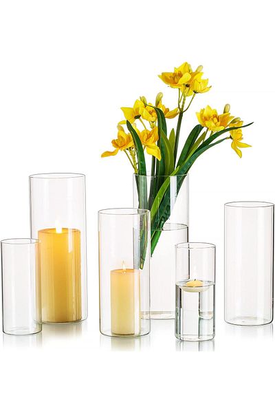 Home Zone Set of 6 Decorative Cylindrical Vase Clear (M+L+XL)