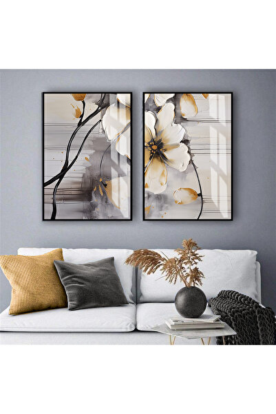 Harikabirev HARİKABİREV | COMBINAT DE FLORI GRAY-GOLD II | TABLO DE STICLA TEMPERATA CU CADRU 2 PIESE VERTICALE
