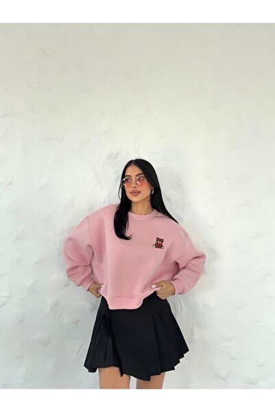 Ekim Store Ayıcık Nakışlı Crop Sweatshirt