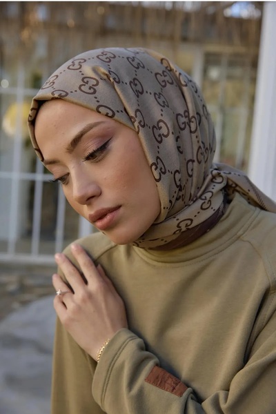 ALLURİNG G Desenli İpek Kaşmir Çift Taraflı Şal - Kahve/Bej