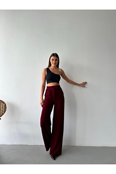 Plenty Women's Claret Red Zipper and Rock Closure Palazzo Fabric Pants