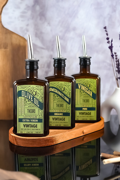 TheBRo 250ml Ahşap Stantlı Amber Vintage Elegance Serisi Zeytinyağı Şişesi,si...