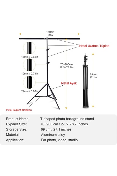 Tianya 150*200cm T Stand Bar Fon Perde Pvc Tutucu Background Backdrop Çekim Standı T-shape