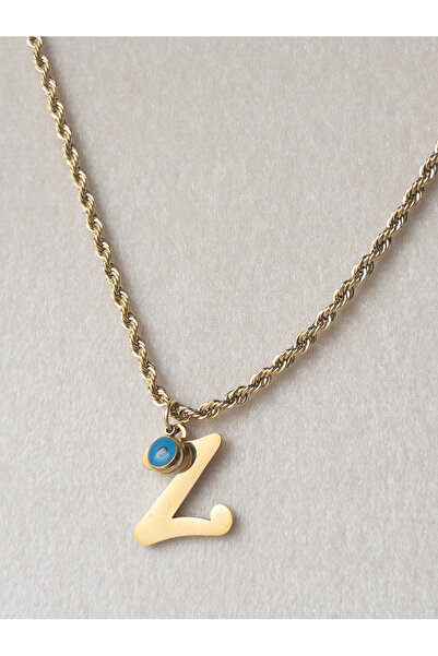 Siya Silver 316L  Kararmaz Çelik Gold Renk Nazar Boncuklu  Uzun Burgu Zincirli Harfli Kadın Kolye