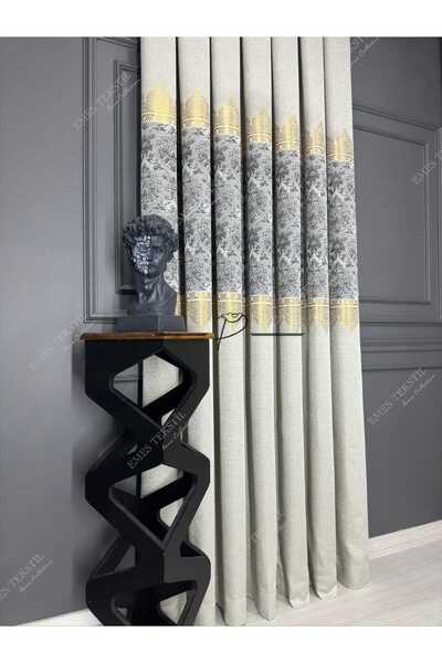 Perde Pendik ستارة خلفية منقوشة باللونين الرمادي الفاتح والذهبي - بطيات ضيقة بطبقة 1e3