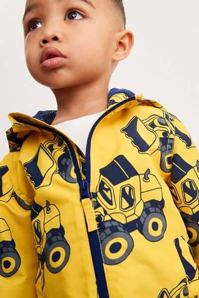 NİSAY BOUTİQUE Boys' Metalic Yellow Color Work Machine Printing Detailed Hooded Seasonal Raincoat Windbreaker