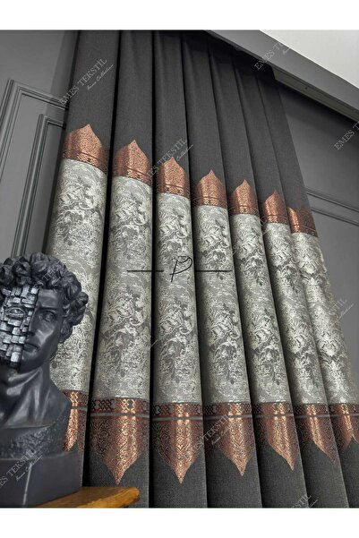 Perde Pendik ستارة خلفية من النحاس الأسود - نمط المحكمة، طبقة 1e3 من الطيات الضيقة، ستارة خلفية منقوشة