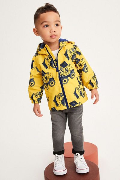 NİSAY BOUTİQUE Boys' Metalic Yellow Color Work Machine Printing Detailed Hooded Seasonal Raincoat Windbreaker