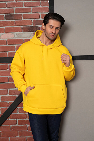 TEVOOY UNISEX OVERSİZE KAPŞONLU KANGURU  CEPLİ 3İPLİK ŞARDONLU ÖRME KUMAŞ SWE...