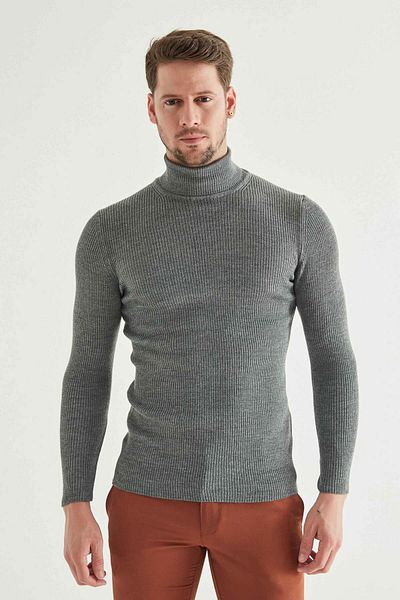 Twn Πλεκτό πουλόβερ Slim Fit Grey Rib Knit Half Fisherman