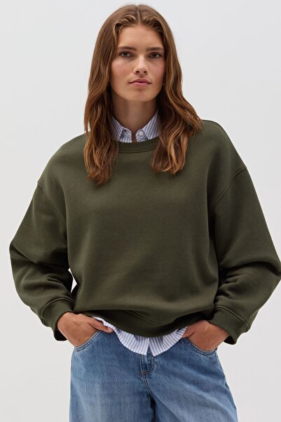 BLUETIFUL Unisex Bisiklet Yaka Pamuklu Basic Oversize Sweatshirt HAKİ Renk